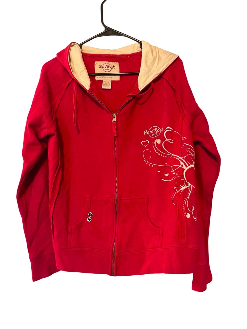Hard Rock Cafe Red Women's Zip Hoodie with Cream Lined Hood